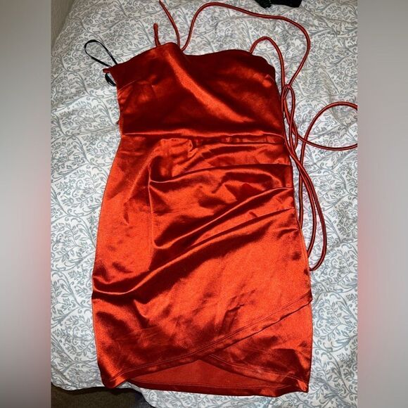 Satin Lace-Back Mini Dress in orange size M - Picture 2 of 7